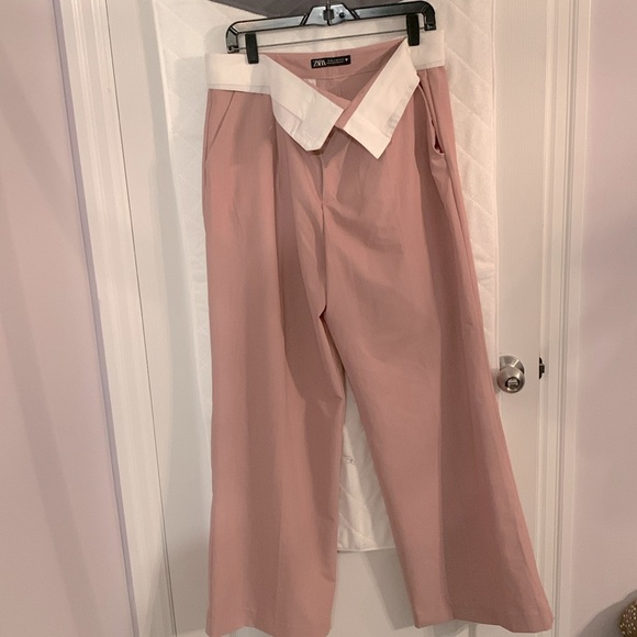 Zara mid waist full length fold down waist trousers in pinky/salmon colour - Picture 2 of 4